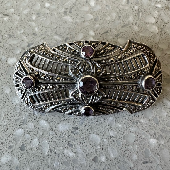 Art Deco Sterling Silver Natural Amethyst & Marcasite Brooch Stamped Makers Mark - Picture 3 of 11